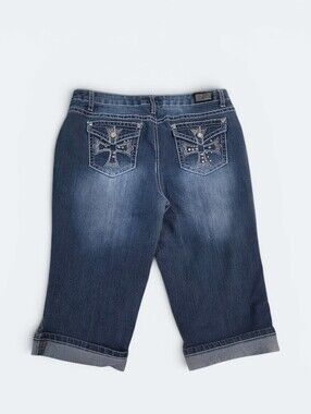 Earl Jeans Y2K Bling Cross Rhinestone Flap Pocket Denim Capris Size 12